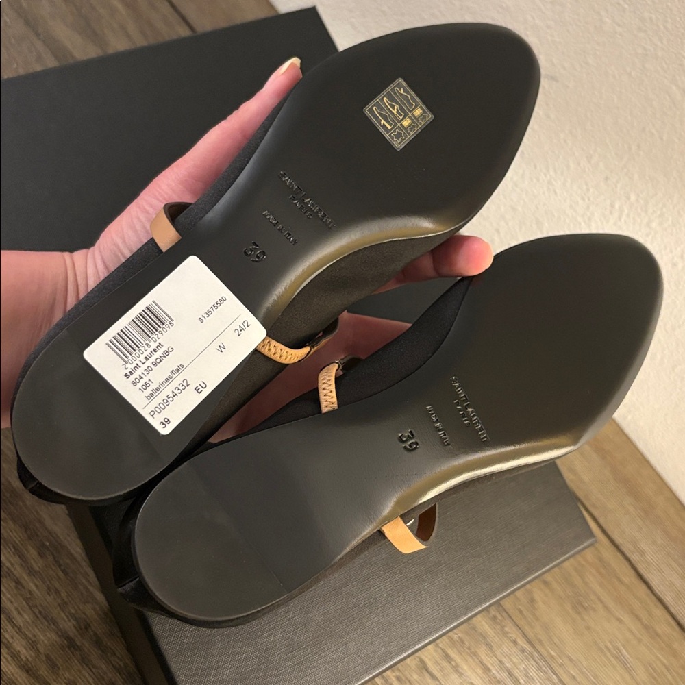 NIB [Saint Laurent] Ballerina Black Satin & Leather Flats Women's EU 39 / US 9 - Picture 12 of 16